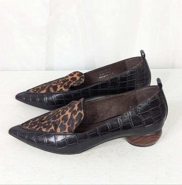 Jeffrey Campbell Viona Croc Leopard Print Wood Heel Loafers - Size 7 - Picture 4 of 8